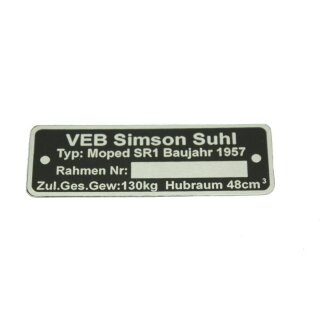 Typenschild für Simson SR1 1957 silber schwarz Rohling Plakette für Rahmen Rahmennummer