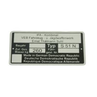 Typenschild für Simson S51 N Plakette 260kg silber...