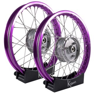 B-Ware Felgen Set06 - 2 x 1,5 Alu lila - Edelstahlspeichen - Trommel silber