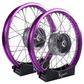 Set Felgen - 2x 1,50 - Alu lila - Edelstahlspeichen - Nabe silber für Simson S51 S50 S70 S53 KR50 KR51 Schwalbe Duo Spatz Star Sperber Habicht
