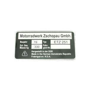 Typenschild für MZ ETZ251 Plakette Alu VEB silber schwarz Nach-Wende Rohling