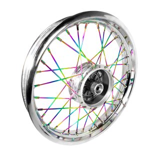 Speichenrad komplett mit verchromter 2,15x16 Felge Rainbow Speichen für Simson S51 S50 S70 S53 KR51 Schwalbe Spatz Star Sperber Duo Farbwechel, Regenbogenfarben