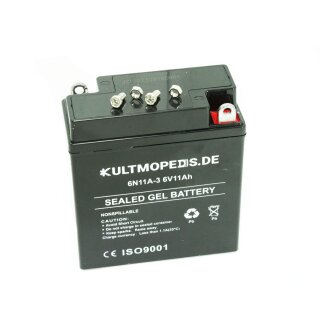 Batterie, Akku 6V 11Ah Gel für Simson S51 S50 S70 S53 SR50 MZ ES150 ES125 ES175 TS125 TS150 Din 01214 121x61x131mm Gelbatterie