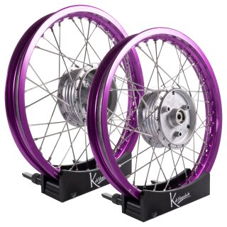 Set Felgen - 2x 1,85 - Alu lila - Edelstahlspeichen - Nabe silber für Simson S51 S50 S70 S53 KR50 KR51 Schwalbe Duo Spatz Star Sperber Habicht