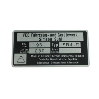 Typenschild Plakette Rahmen Alu VEB silber pas. f. Simson SR4-II SR4-2 Star Rohling 7,5x3,7