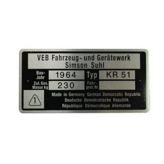 Typenschild Plakette Rahmen Alu VEB silber pas. f. Simson KR51 Schwalbe Bj 1964, 64er Rohling 7,5x3,7