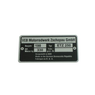 Typenschild Plakette Rahmen Alu VEB silber für MZ ETZ250 7,5x3,7