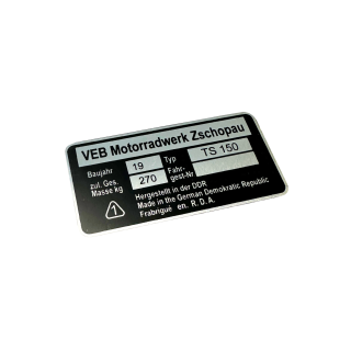 Typenschild für MZ TS150 Plakette Alu VEB silber schwarz Original-design Rohling