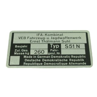 Original DDR Typenschild für Simson S51 N Plakette 260kg silber schwarz Rohling für Rahmen
